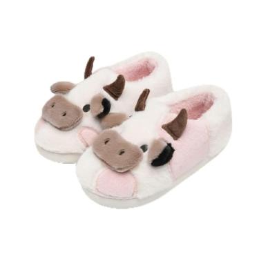Imagem de Chinelos de vaca felpudos para crianças fofas de vaca fofa, chinelos de casa, crianças, meninas, meninos, desenhos animados, sapatos de casa para uso interno e externo, Branco, rosa, 12-13 Little Kid