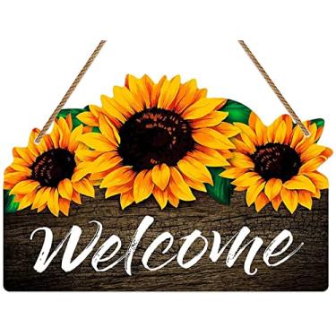 Imagem de SICOHOME Placa de boas-vindas de girassol, 20 x 30 cm, cabide de porta de boas-vindas de verão para porta da frente, decoração de placa rústica, placa de girassol, placa de pendurar para quarto, sala de estar, cozinha, decoração de casa