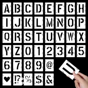 Imagem de DOPENSPI 42 peças de estênceis de letras de 5 cm com números de símbolos, estênceis reutilizáveis de arte do alfabeto, modelos de letras de plástico para pintura em tecido de parede de madeira
