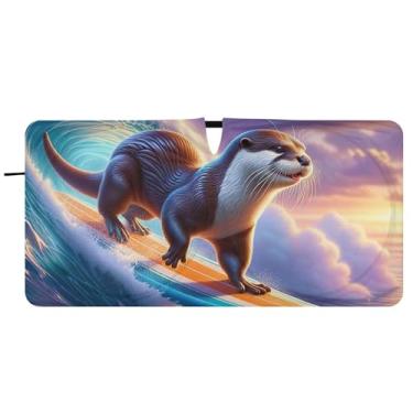 Imagem de Toldos de carro personalizados de lontra de surfe fofos para para-brisas persianas dobráveis de carros para janelas dianteiras florais automotivas, 76 cm x 149 cm