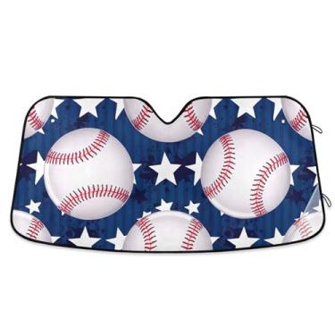 Imagem de Bolas de beisebol brancas estrelas azul escuro protetor solar personalizado para para-brisa de carro capa de para-brisa automotiva dobrável protetor solar floral retrátil M, 139,7 cm x 70,1 cm