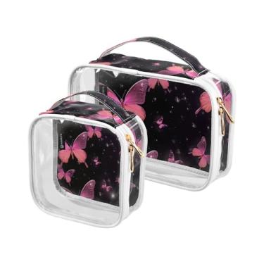 Imagem de GAIGEO Bolsa de cosméticos à prova d'água de Natal com estrelas e árvores, bolsas de maquiagem para viagens, bolsas de maquiagem para mulheres, pacote com 2, Borboletas rosa no preto-3, one size