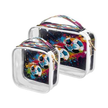 Imagem de GAIGEO Conjunto de bolsa de maquiagem transparente com flores violeta com folhas, bolsa de maquiagem de plástico, bolsas de higiene pessoal de viagem para mulheres, pacote com 2, Bolas de futebol com