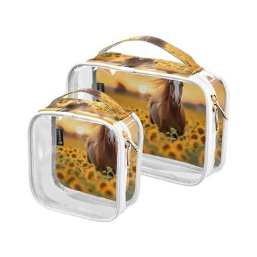 Imagem de GAIGEO Conjunto de 2 bolsas de maquiagem transparentes para pintura em aquarela, flores de peônia em preto, bolsas transparentes para cosméticos, Cavalo nascer do sol no campo de girassóis - 4, one
