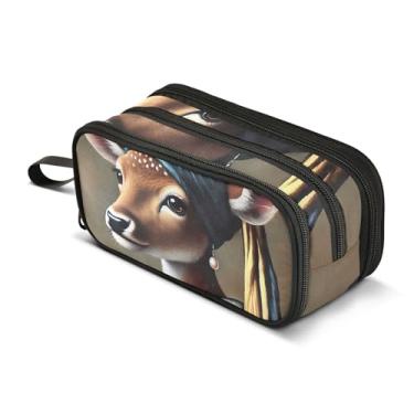 Imagem de TSENQUE Bolsa grande para lápis com zíper, elegante, cervo, pérola, retrato, lápis, bolsa de armazenamento fofa para meninas, estampas de animais, faculdade, material de escritório escolar