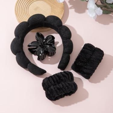 Imagem de Faixa de cabelo facial estilo toalha de espuma para spa, maquiagem e aplicação de máscara, rotinas de cuidados com a pele e cuidados faciais diários, preta
