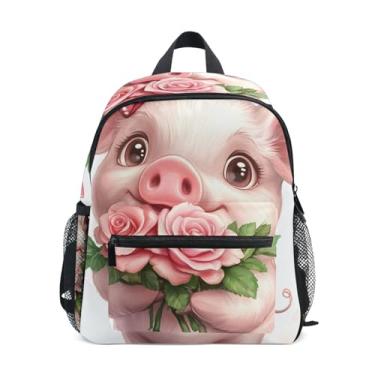 Imagem de GAIGEO Cute Pig Roses Valentines Kids Mini Backpack 10x4x12 In, Girls School Backpack with Water Bottle Pockets, Whistle Buckle