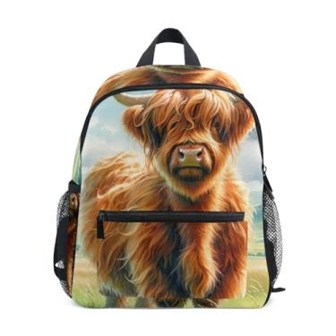 Imagem de GAIGEO Cute Highland Cow Calf Grass Childrens Backpack with Whistle, 2 Bottle Pockets, Lightweight, Kindergarten Backpack 10x4x12 In, for Ages 3-8