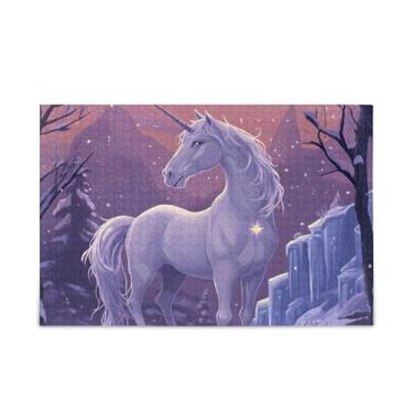 Imagem de Quebra-cabeças de 500 peças com cavalo de unicórnio branco, roxo, papel e composto de madeira para adultos com bolsa de armazenamento