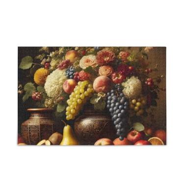 Imagem de Quebra-cabeça com 1000 peças de pintura de flores de frutas coloridas, quebra-cabeça composto de papel e madeira para adolescentes com bolsa de armazenamento