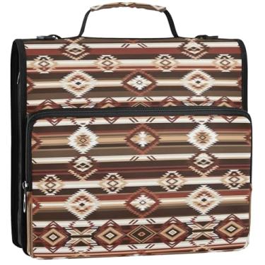 Imagem de Documento 3 fichários de anel de 3,5 polegadas D listras tribais marrom zíper pasta de armazenamento portfólio pasta com alça fichário com alça bolsa de ensino médio, 34,5 x 31,5 x 8,9 cm