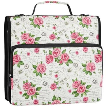 Imagem de Lindos fichários com 3 anéis de 3,8 cm, flor vintage, floral, zíper, organizador de fichário, vários bolsos, pasta grande para fichários escolares, bolsa com alça de ombro, 34,5 x 31,5 x 9 cm