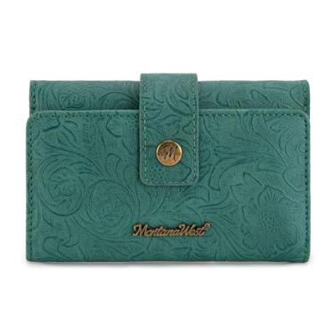 Imagem de Montana West Carteiras pequenas femininas com três dobras com bloqueio de RFID, carteira feminina para cartão de crédito, carteiras de viagem ocidentais com janela para identidade, Turquesa, Ocidental