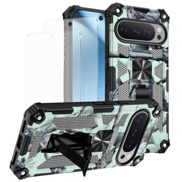 Imagem de Lokyoo Capa para Google Pixel 9/9 Pro/Google Pixel 10/10 Pro, com 2 protetores de tela de vidro temperado, grau militar, suporte com suporte magnético para carro, capa protetora para celular - verde