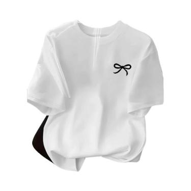 Imagem de Camiseta Feminina Preta Com Estampa De Laço Casual Moda Manga Curta Co