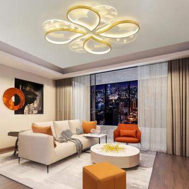 Imagem de Luminária de teto infantil LED, modelo Petal Creative, 56W, ajustável, temperatura de cor de 3000 K a 6500 K, luz noturna, ideal para quartos infantis (Dourado).