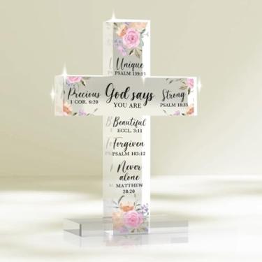 Imagem de Decoração cristã, presentes religiosos para mulheres, presentes inspiradores para mulheres, sinal de cruz de acrílico religioso para casa, escritório, sala de estar, mesa