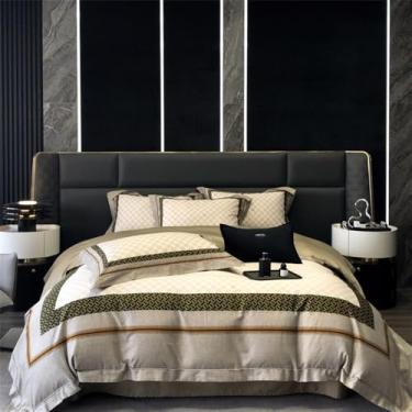 Imagem de Jogo de cama premium em algodão com estampa digital, capa de edredom macia, lençol de baixo e lençol de elástico, cor 1, tamanho King (220x240cm), 4 peças.