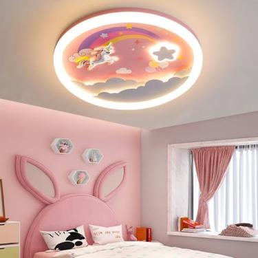 Imagem de Luminária de teto LED rosa, moderna e dimerizável com controle remoto, em formato de unicórnio, 70 W, ideal para quarto infantil, sala de estar e quarto das crianças. Formato redondo.