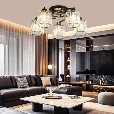 Imagem de Lustre de cristal, luminária pendente moderna preta/dourada para sala de estar, lustre de cristal K9, luminária de teto de luxo semi-embutida para quarto, sala de estar e sala de jantar.