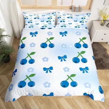 Imagem de Conjunto de capa de edredom de mirtilo, conjunto de cama sonhador brilhante, decoração de quarto de meninas mulheres, kawaii, laço, margarida, floral, frutas tropicais, capa de edredom azul e branco