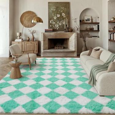Imagem de HUGEAR Tapete quadriculado 20 x 25 cm para sala de estar, verde e branco, moderno, lavável, tapete de área grande, macio e fofo, tapetes felpudos aspiráveis para quarto, decoração de casa