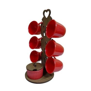 Imagem de Suporte para 6 Xícaras com Açucareiro – Madeira MDF, Organizador de Cozinha para Cantinho do Café, Ideal para Armazenamento e Decoração Doméstica (S/MARROM C/ 6 XC VM - R/VM)