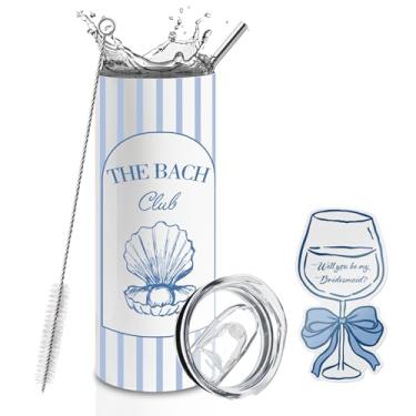 Imagem de BUZCOZY Cartão de pedido de dama de honra e conjunto de copo de 590 ml, copo isolado para despedida de solteira The Bach Club com canudo e tampa, presente Will You Be My Bridesmaid para chá de panela