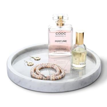 Imagem de HAMAKAWA Bandeja de pia redonda grande de mármore natural de 23 cm, bandeja de cômoda de calcário branco Carrara, organizador de bancada moderno para dispensador de sabonete, balcão de cozinha