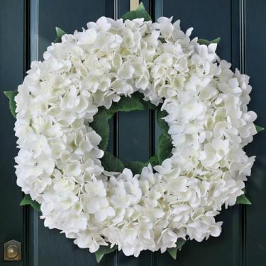 Imagem de Guirlanda de hortênsia artificial para porta da frente, guirlanda de flores brancas primavera verão 53 cm, folhas de hortênsias Fuax para decoração de casa de fazenda, parede de cornija