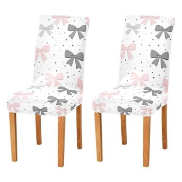 Imagem de SEHANY Conjunto de 4 capas de cadeira com laço de bolinhas rosa para sala de jantar, elástico, removível e lavável, para cozinha, hotel, festa, Natal