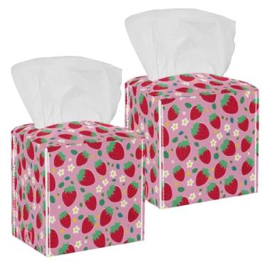 Imagem de Margaridas de morango rosa capa de caixa de lenços quadrada suporte de caixa de lenços de couro à prova d'água organizador de papel facial dispensador para banheiro, casa, carro, mesa de cabeceira