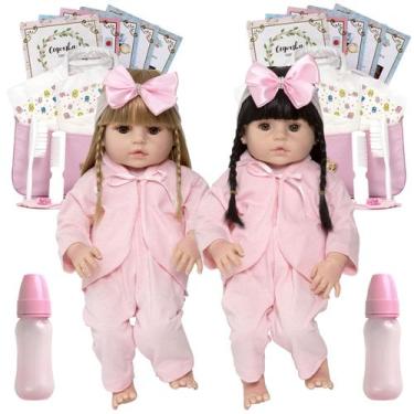 Imagem de 2 Bonecas Reborn Gêmeas Realista Com Chupeta 40 Acessórios - Cegonha R