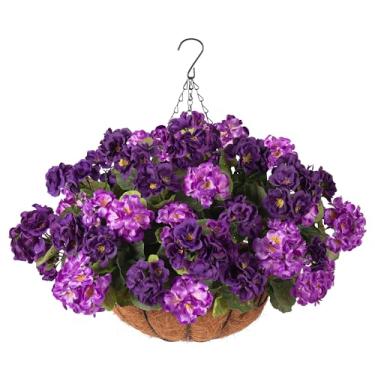 Imagem de INSPRING Cesta suspensa de flores artificiais de gerânios para decoração externa de primavera, 8 pacotes de flores de seda com aparência real resistente a UV para varanda, casa, pátio, varanda