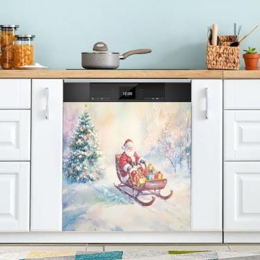 Imagem de xigua Aquarela Natal Papai Noel capa magnética para lava-louças, adesivos magnéticos decorativos antiarranhões para painel de geladeira e lava-louças, decoração personalizada de cozinha doméstica 58 x