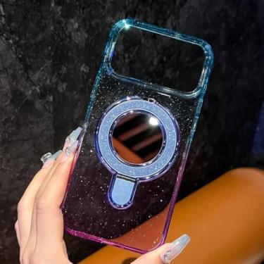 Imagem de SFDSUH Capa com suporte magnético espelhado e glitter degradê para iPhone 16 Pro Max (Para iPhone 16 Pro Max/Azul Celeste e Roxo)