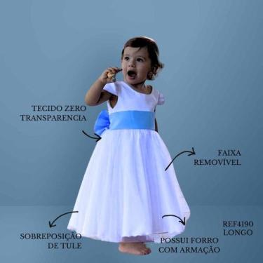 Imagem de Vestido Infantil Longo Branco com Tule e Faixa Azul Bebê Serenity Dami