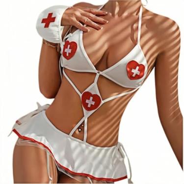 Imagem de nujett Lingerie sexy de enfermeira para mulheres, fantasia de dramatização, conjunto de fantasia com top frente única, minissaia e faixa de cabeça, roupa de cosplay para festas temáticas