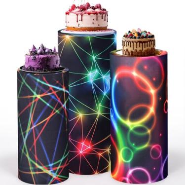 Imagem de Mindsoft Conjunto de 3 capas de suporte cilíndrico de elastano neon para festas, capas de pedestal de cilindro de Halloween, mesas de sobremesa para decoração de festa de aniversário, casamento, chá
