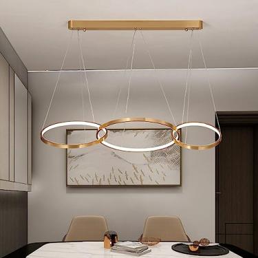 Imagem de Luminária pendente LED moderna para mesa de jantar, com intensidade regulável e controle remoto, além de design com anéis circulares para sala de estar (3 anéis).