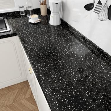 Imagem de EPPKILY Papel de contato de granito preto Galaxy para bancadas 40 x 39 cm, papel de parede autoadesivo à prova d'água, papel de contato de mármore preto para armário de cozinha, capas de balcão