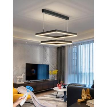 Imagem de Luminária pendente LED preta para sala de jantar, com controle remoto para mesa de jantar, lustre dimerizável e luminária suspensa para sala de estar moderna com altura ajustável.