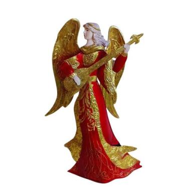 Imagem de Enfeite Anjo com Bandolim 34,5cm Decoração de Metal Folha de Ouro / Re