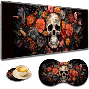 Imagem de Tapete de mouse grande + suporte de pulso + porta-copos de café, almofada de mesa com bordas costuradas, conjunto antiderrapante adequado para trabalho de escritório e casa - caveira de flor de