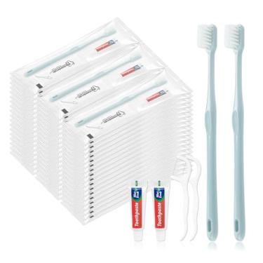 Imagem de Lomgwumy Escovas de dentes descartáveis com pasta de dente, kit de escova de dentes para viagem, embalado individualmente, cinza claro, com palhetas de fio dental, adequado para hotel, casa