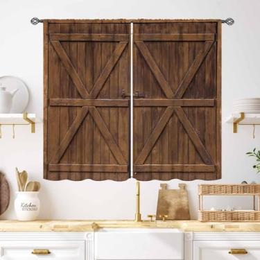 Imagem de Cortinas rústicas para cozinha, casa de fazenda, porta de celeiro velho ocidental, tábua de madeira, estampa de vila, país, cortinas de janela para café, sala de estar, quarto, armário, 2 painéis, 132