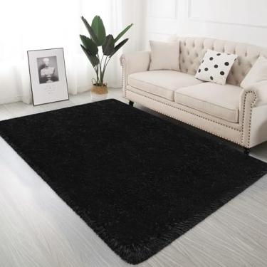 Imagem de ZJYeRug Tapete preto de 0,9 x 1,5 m, tapete de cabeceira de pelúcia pequeno, tapetes antiderrapantes para faculdade, tapetes antiderrapantes para quarto, 9 x 1,5 m, tapetes antiderrapantes e fofos
