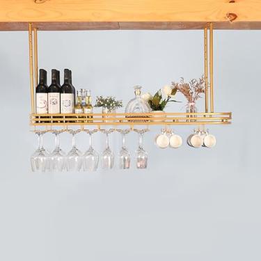 Imagem de Rack de teto para copos de vinho, prateleira de bebidas suspensa, suporte de vidro de vinho de parede de ferro, suporte de exibição de garrafa de vinho de LED, prateleira de vinho de armazenamento