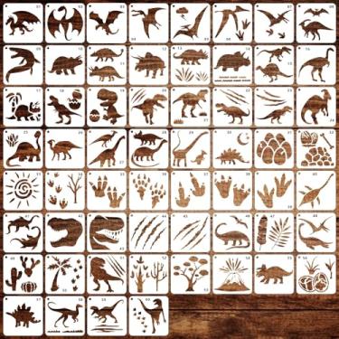Imagem de 60 peças de estênceis de dinossauro para artesanato reutilizáveis, conjunto de estênceis de desenho em madeira, decoração de parede de móveis para decoração de casa e scrapbook (3 × 3 pol.)