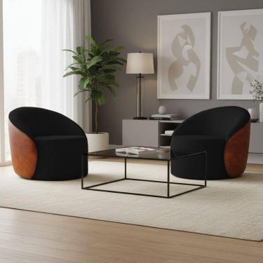 Imagem de Poltrona Sala Orgânica Kit 2 Lua Fixa Sintético Pu Nozes/linho Preto D03 - D`rossi